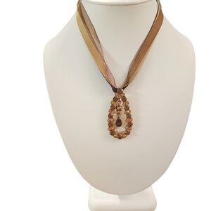 Tan Brown Ribbon and Velvet Necklace with Rhinestones Pendant